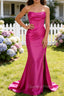 Fuchsia Mermaid Strapless Pleated Corset Long Prom Dress with Slit