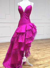 Fuchsia Satin Spaghetti Straps Feather Prom Dress
