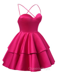 Fuchsia Satin Homecoming Dress Sweetheart Neck Tiered Short Graduation Dress