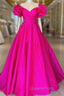 Fuchsia Satin Off the Shoulder Ruffle Evening Prom Dress
