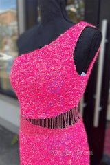 Fuchsia Sequins One Shoulder Cut-Out Tassels Long Evening Prom Dress With Slit