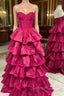 Fuchsia Strapless Tiers Evening Prom Dress