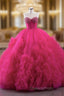 Fuchsia Tulle Sweetheart Neck Pearls Evening Prom Dress
