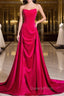 Fuchsia Velvet Satin Strapless Pleats Evening Prom Dress