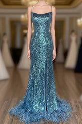 Long Sequined Blue Straps Evening Prom Dress with Feather Hem