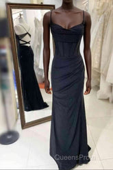 Black Pleated Long Evening Prom Dress with Spaghetti Straps