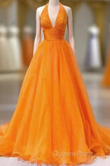 Elegant Orange Halter A-Line Long Party Dress