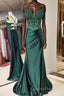 Mermaid Emerald Green Straps Ruched Evening Prom Dress with Slit