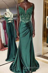 Mermaid Emerald Green Straps Ruched Evening Prom Dress with Slit