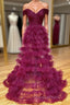 Off the Shoulder Burgundy Pleated Sheer Tiered Evening Prom Dress