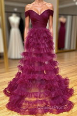 Off the Shoulder Burgundy Pleated Sheer Tiered Evening Prom Dress