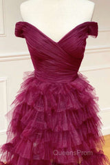 Off the Shoulder Burgundy Pleated Sheer Tiered Evening Prom Dress
