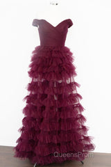 Off the Shoulder Burgundy Pleated Sheer Tiered Evening Prom Dress