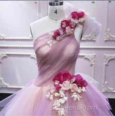Puffy One Shoulder Sleeveless Tulle Evening Prom Dress with Flowers, Ruffles Quinceanera Dress