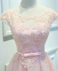 Pink Lace Tulle Short Evening Prom Dress, Pink Evening Dress
