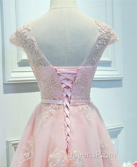 Pink Lace Tulle Short Evening Prom Dress, Pink Evening Dress