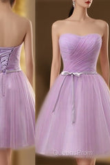 Lavender Homecoming Dress, Sweetheart Short Evening Prom Party Dress, Ruched With Sash Bridesmaid Dress