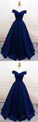 Navy Blue Satin V Neck Off Shoulder Prom Dresses, Long Evening Gowns