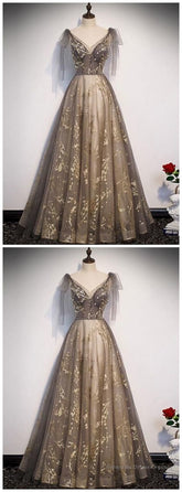 Elegant V Neck Gray Gold Tulle Lace Long Prom Dress, Tulle Formal Dress
