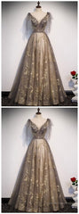 Elegant V Neck Gray Gold Tulle Lace Long Prom Dress, Tulle Formal Dress
