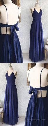 Great Evening Dresses, Backless Sexy Spaghetti Straps Backless Navy Blue Chiffon A Line Floor Length Prom Dress