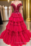 Off the Shoulder Red Appliques Tiered Long Formal Dress