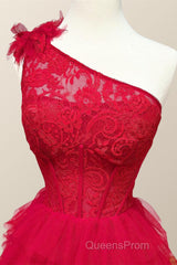 One Shoulder Lace and Tulle Tiered Ruffle Evening Prom Dress