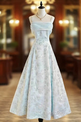 Gentle Blue A-Line Spaghetti Strap Satin Chiffon Long Evening Prom Dress Birthday Dress Graduation Evening Prom Dress