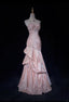 Sweet Spaghetti Straps Mermaid Classy Evening Dress Pink Satin Layered Pleated Classy Prom Dress With Beading
