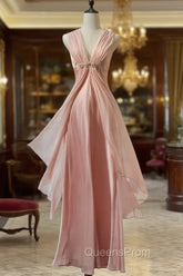 Gentle Pink Sheath Chiffon Ribbon V-Neck Simple Evening Prom Dress