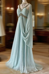 Gentle Tiffany Blue Chiffon V-Neck Beaded Sequin A-Line Long Evening Prom Dress Wedding Evening Dress