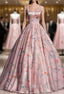 Get a Evening Prom-Ready Look Pink Satin Ball Gown Print Straps Long Quinceanera Dress