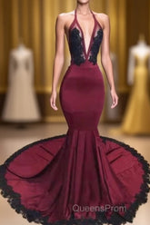 Burgundy Halter Deep V Neck Mermaid Evening Prom Dress with Lace, Long Evening Gown