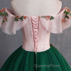 Green Off the Shoulder Floor Length Evening Prom Dress with Appliques, Puffy Quinceanera Dress