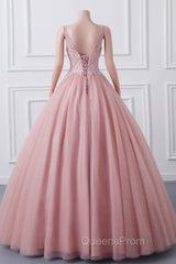 Girls Sequins V neck Dusty Rose Evening Prom Dress A-line Tulle Ball Gown Quinceanera Dress Sweet 16 Party Dress