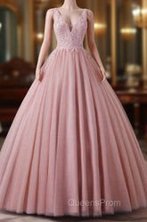Girls Sequins V neck Dusty Rose Evening Prom Dress A-line Tulle Ball Gown Quinceanera Dress Sweet 16 Party Dress