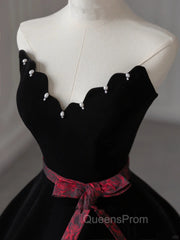 Glam Black V-Neckline Velvet Lace-Up Party Dress, Black Velvet Floor Length Evening Prom Dress