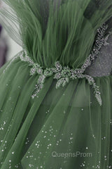 Glam Green Layers Tulle Straps Beaded Long Party Dress, Green Long Evening Dress