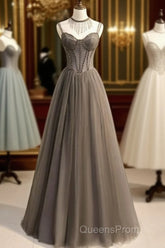 Glam Grey Beaded Tulle Long Evening Dress Party Dress, A-Line Straps Evening Formal Dress