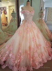 Glam Pink Flowers Tulle Off Shoulder Sweet 16 Dress, Ball Gown Formal Dress
