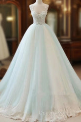 Glam White And Mint Green Tulle With Lace Party Dress, Straps Formal Dress Evening Dress
