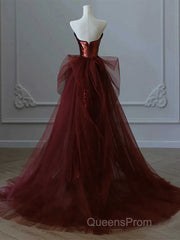 Glam Wine Red Sequins And Tulle Long Party Dress, Wine Red Evening Dress Evening Prom Dress