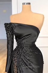 Glamorous Black Long Sleeve One Shoulder Evening Prom Dress Beadings Evening Gowns