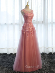 Glamorous Long Evening Dress Lace Cameo Pink Party Dress A Line Applique Tulle Maxi Evening Dress
