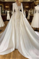 Glamorous Long Sleeves Pearls Wedding Dress Mermaid With Detachable Train