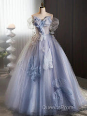 Glitter A-Line Off Shoulder Tulle Flower Quinceanera Dress Blue Long Evening Prom Dress Beautiful