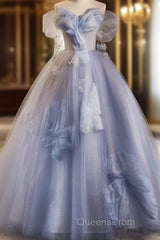 Glitter A-Line Off Shoulder Tulle Flower Quinceanera Dress Blue Long Evening Prom Dress Beautiful