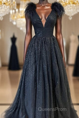 Glitter Feathers V-Neck Empire Waist A-Line Evening Prom Gown,Evening Party Dress