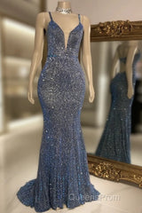 Glitter Mermaid Evening Prom Dress Long Spaghetti Straps V Neck Open Back Formal Evening Party Gowns