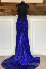 Glitter Royal Blue Sequins Evening Prom Dress Regency Backless Mermaid Formal Dress